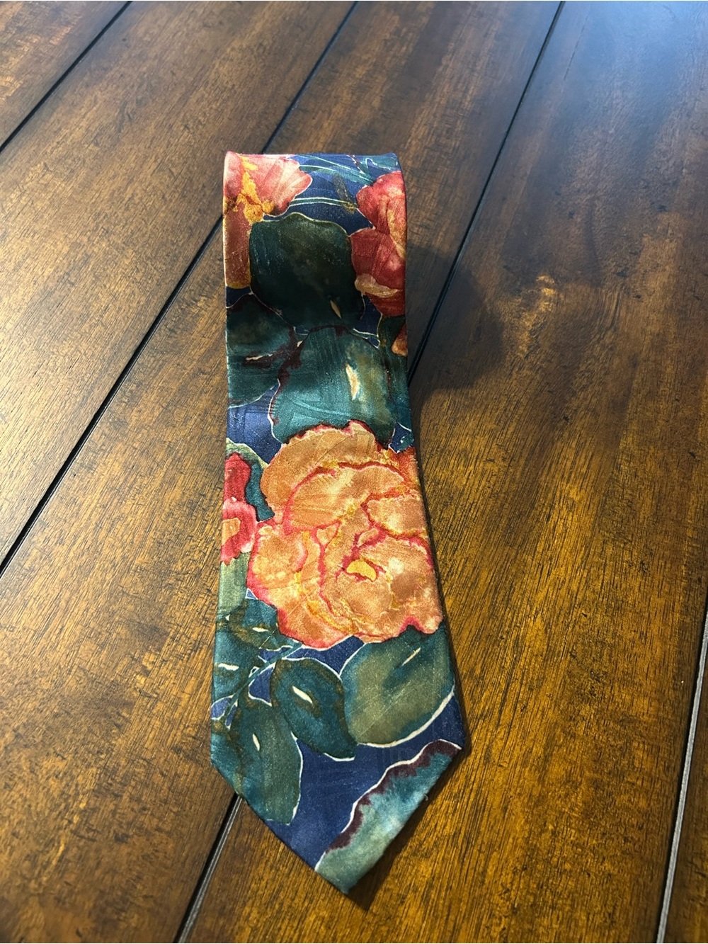 Etienne Aigner Navy Tie with Coral and Green Floral Print